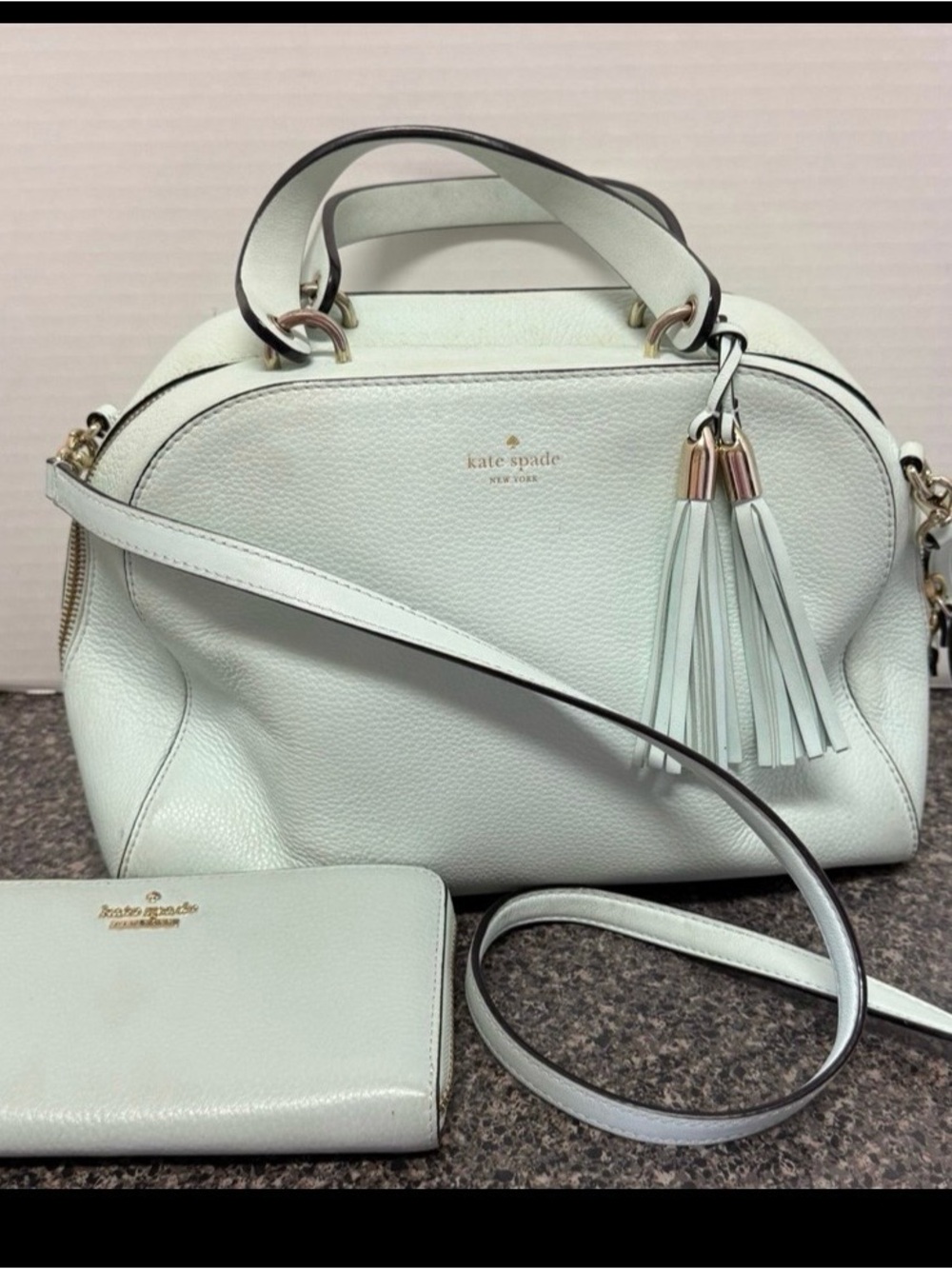 kate spade Mint Green Leather Satchel with Tassel and Wallet